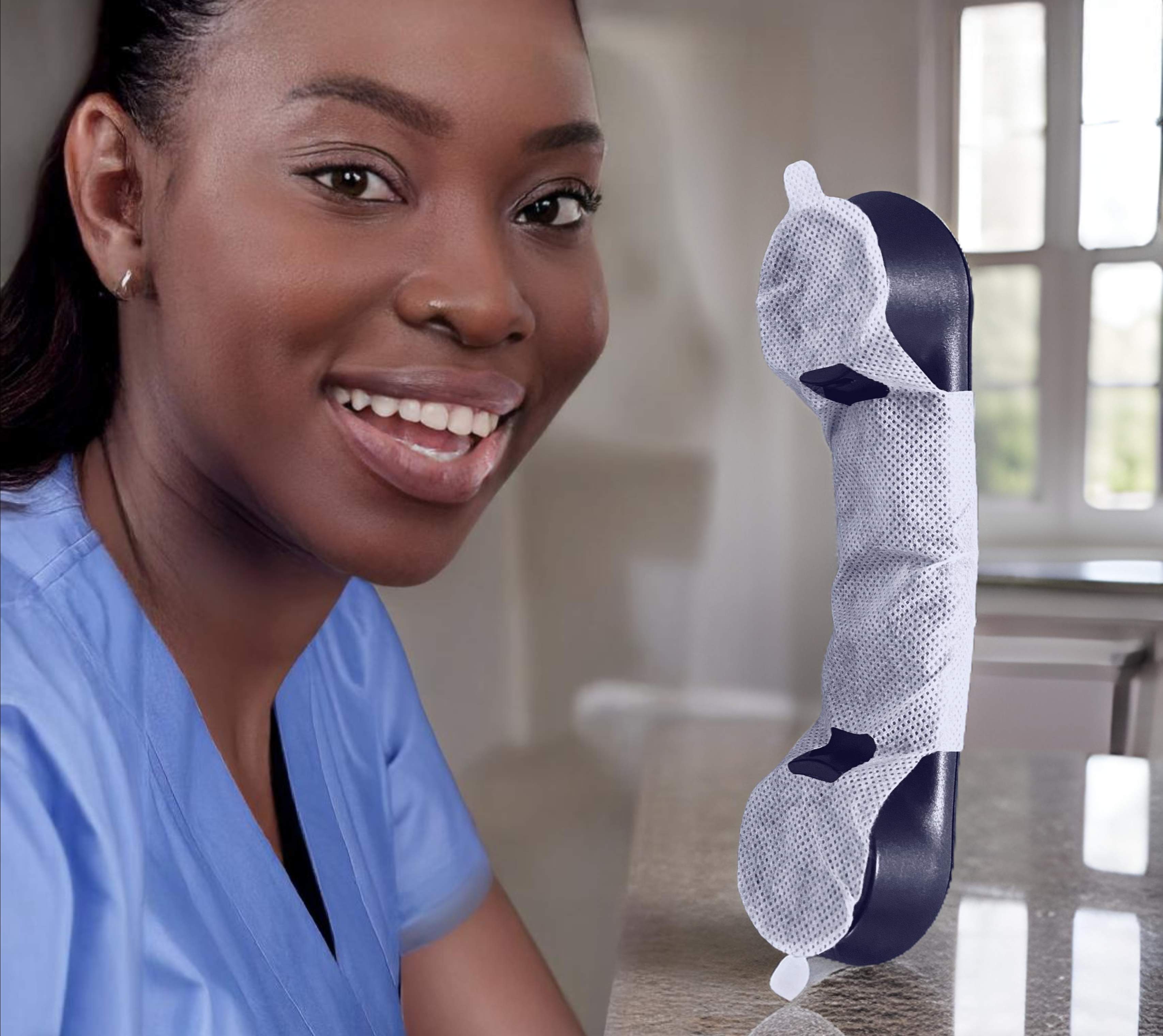Healthcare professional demonstrating phone mask protection